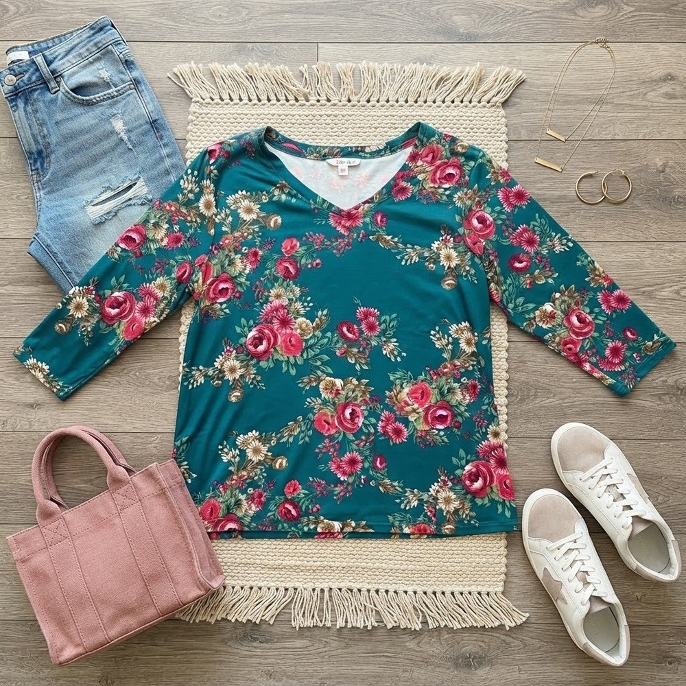 The Pioneer Woman Floral V-Neck Top Teal Pink 3/4 Sleeve Large 8825PWDESFLROSSMK